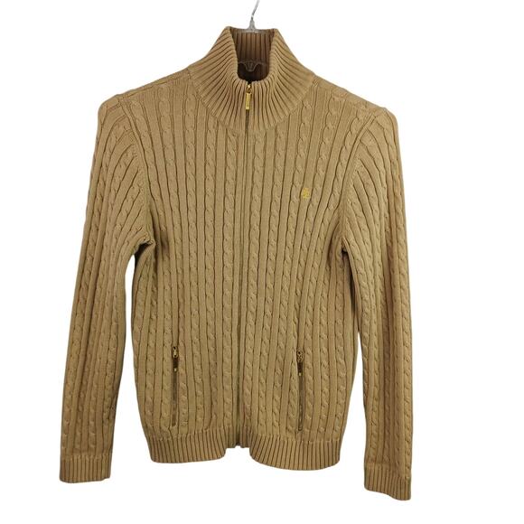 Lauren Ralph Lauren VTG SZ L 100% Cotton Cable Knit Full Zip Sweater in Camel - Picture 2 of 4